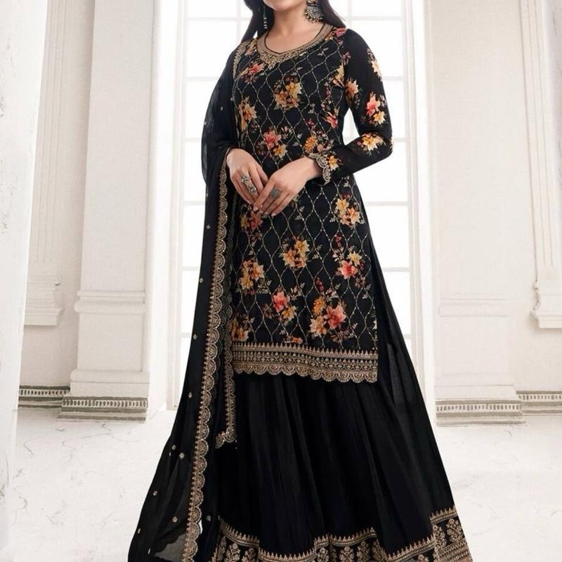 INDIAN DESIGNER CHINON SILK FLORAL DIGITAL PRINT EMBROIDERY SEQUENCE WORK TOP PALAZZO