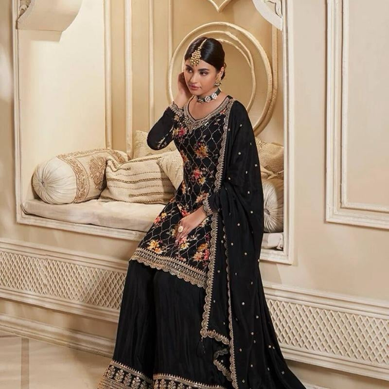 INDIAN DESIGNER CHINON SILK FLORAL DIGITAL PRINT EMBROIDERY SEQUENCE WORK TOP PALAZZO