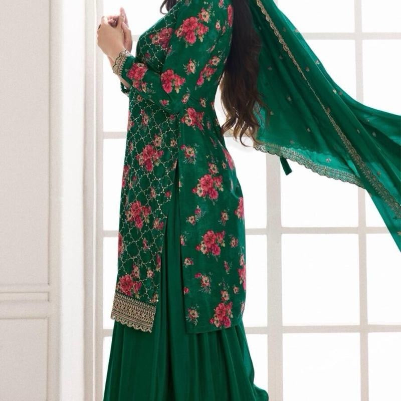 INDIAN DESIGNER CHINON SILK FLORAL DIGITAL PRINT EMBROIDERY SEQUENCE WORK TOP PALAZZO