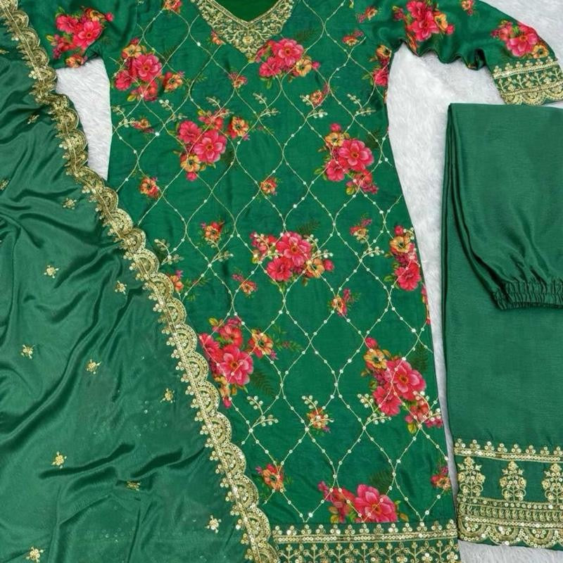 INDIAN DESIGNER CHINON SILK FLORAL DIGITAL PRINT EMBROIDERY SEQUENCE WORK TOP PALAZZO