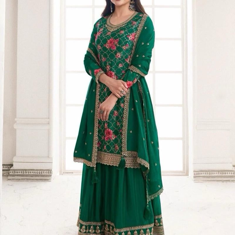 INDIAN DESIGNER CHINON SILK FLORAL DIGITAL PRINT EMBROIDERY SEQUENCE WORK TOP PALAZZO