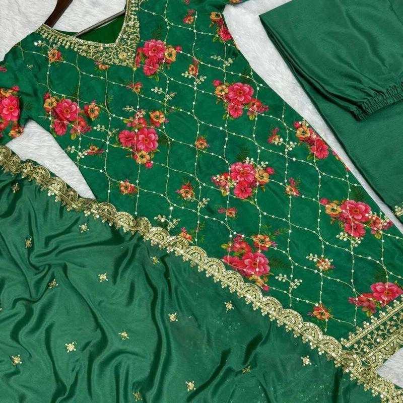 INDIAN DESIGNER CHINON SILK FLORAL DIGITAL PRINT EMBROIDERY SEQUENCE WORK TOP PALAZZO