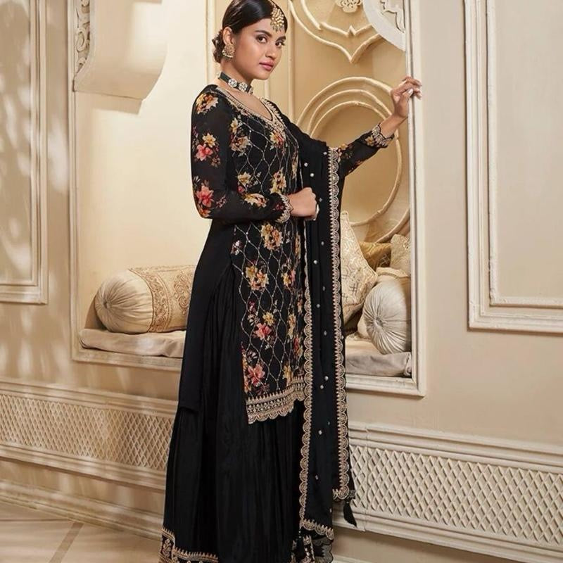 INDIAN DESIGNER CHINON SILK FLORAL DIGITAL PRINT EMBROIDERY SEQUENCE WORK TOP PALAZZO