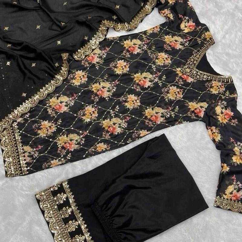 INDIAN DESIGNER CHINON SILK FLORAL DIGITAL PRINT EMBROIDERY SEQUENCE WORK TOP PALAZZO