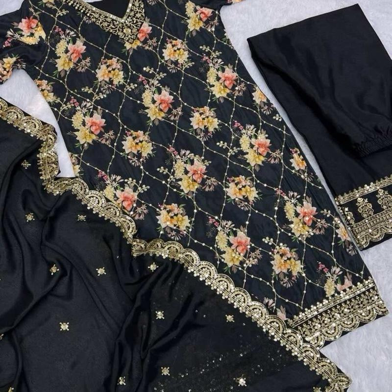 INDIAN DESIGNER CHINON SILK FLORAL DIGITAL PRINT EMBROIDERY SEQUENCE WORK TOP PALAZZO