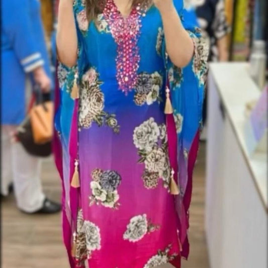 TRENDING CHINON SILK DIGITAL PRINTED EMBROIDERY MIRROR WORK KAFTAN WITH BOTTOM BLUE