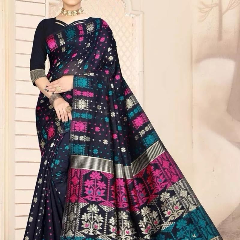 INDIAN FASHIONABLE COTTON JACQUARD WORK SAREE WITH UNSTITCHED BLOUSE