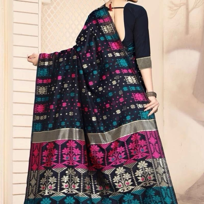 INDIAN FASHIONABLE COTTON JACQUARD WORK SAREE WITH UNSTITCHED BLOUSE