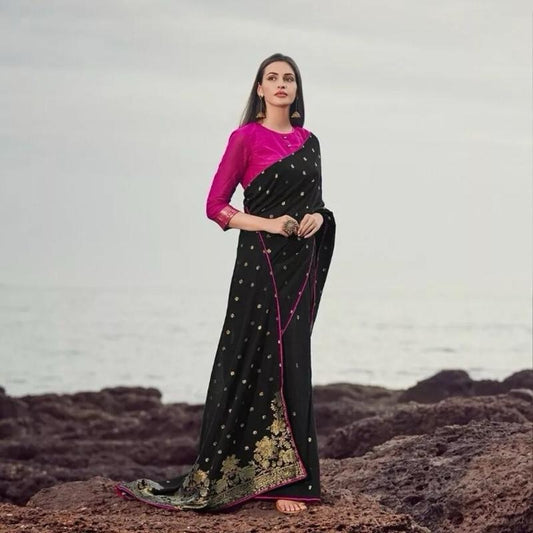 INDIAN DESIGNER COTTON JAQUARD SILK WITH JARI WORK SAREE WITH UNSTITCHED BLOUSE