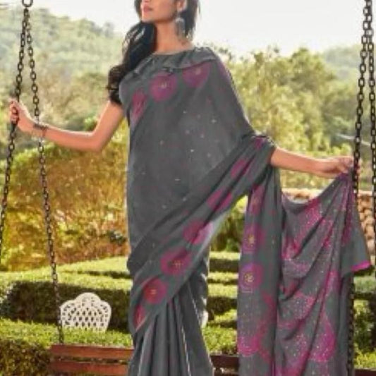 INDIAN DESIGNER COTTON WITH PRINT WORK SAREE WITH UNSTITCHED BLOUSE GREY
