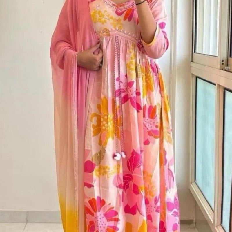 INDIAN DESIGNER MUSLIN DIGITAL PRINT WITH EMBROIDERY WORK ALIA CUT TOP