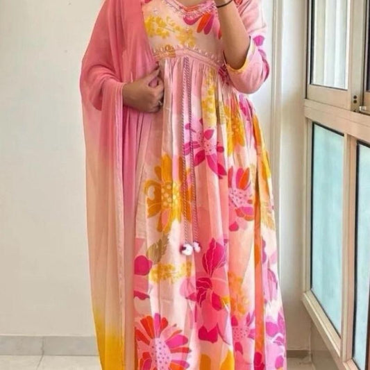 INDIAN DESIGNER MUSLIN DIGITAL PRINT WITH EMBROIDERY WORK ALIA CUT TOP