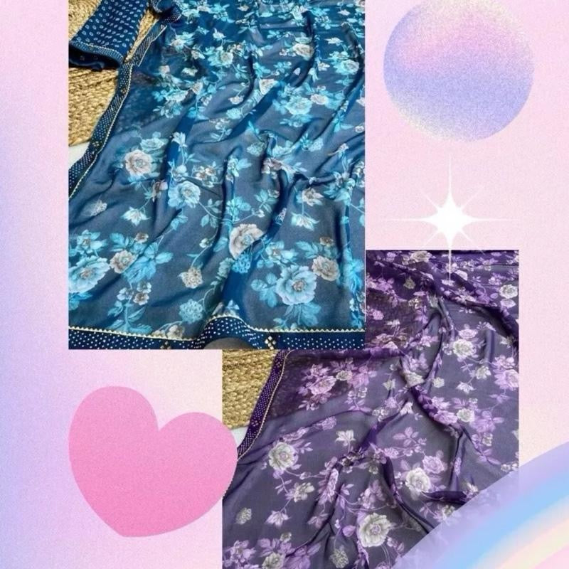 INDIAN DESIGNER GEORGETTE PRINT WORK SAREE WITH UNSTITCHED BLOUSE