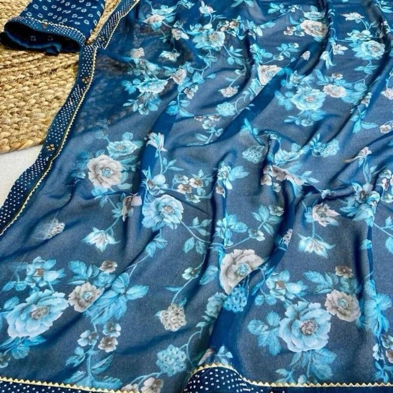 INDIAN DESIGNER GEORGETTE PRINT WORK SAREE WITH UNSTITCHED BLOUSE