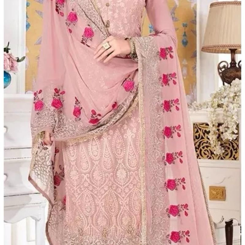 Indian Faux Georgette Salwar Kameez in Pink and Majenta with Stone work 3pc