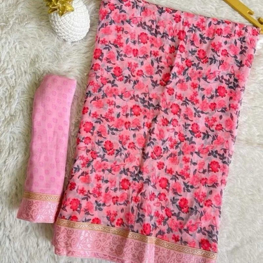 INDIAN DESIGNER GEORGETTE FLORAL PRINTED LACE WORK SAREE WITH UNSTITCHED BLOUSE