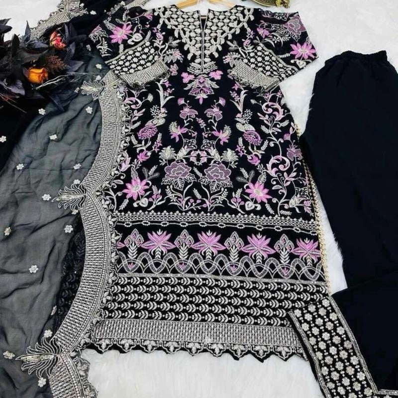 INDIAN ATTRACTIVE GEOREGETTE EMBROIDERY SEQUENCE WORK TOP BOTTOM WITH DUPATTA BLACK