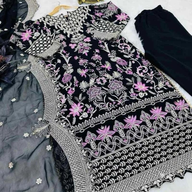INDIAN ATTRACTIVE GEOREGETTE EMBROIDERY SEQUENCE WORK TOP BOTTOM WITH DUPATTA BLACK
