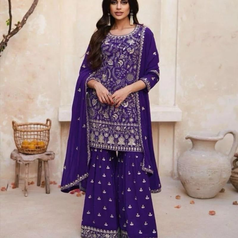 INDIAN FASHIONABLE GEORGETTE EMBROIDERY SEQUENCE WORK TOP SHARARA WITH DUPATTA