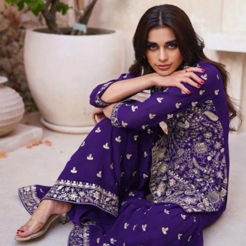 INDIAN FASHIONABLE GEORGETTE EMBROIDERY SEQUENCE WORK TOP SHARARA WITH DUPATTA