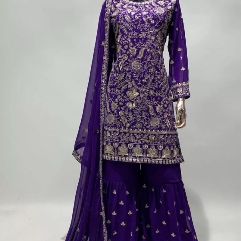 INDIAN FASHIONABLE GEORGETTE EMBROIDERY SEQUENCE WORK TOP SHARARA WITH DUPATTA