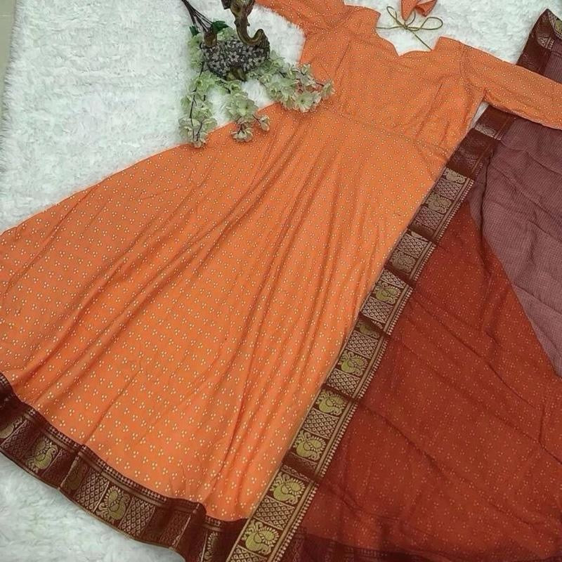 INDIAN FANCY RAYON PRINTED LACE WORK GOWN WITH DUPATTA