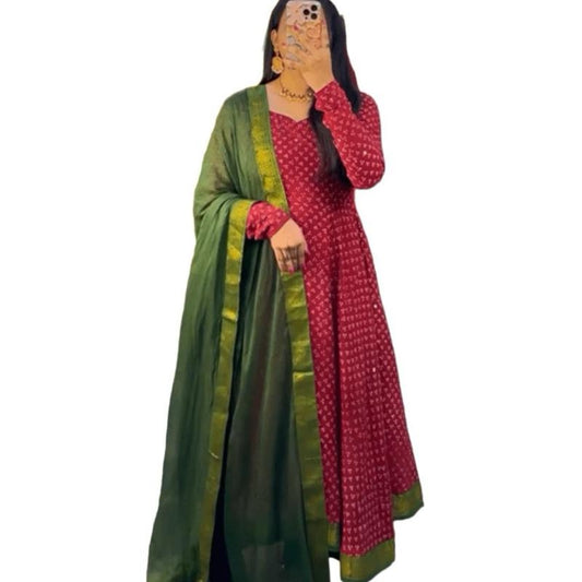 INDIAN FANCY RAYON PRINTED LACE WORK GOWN WITH DUPATTA