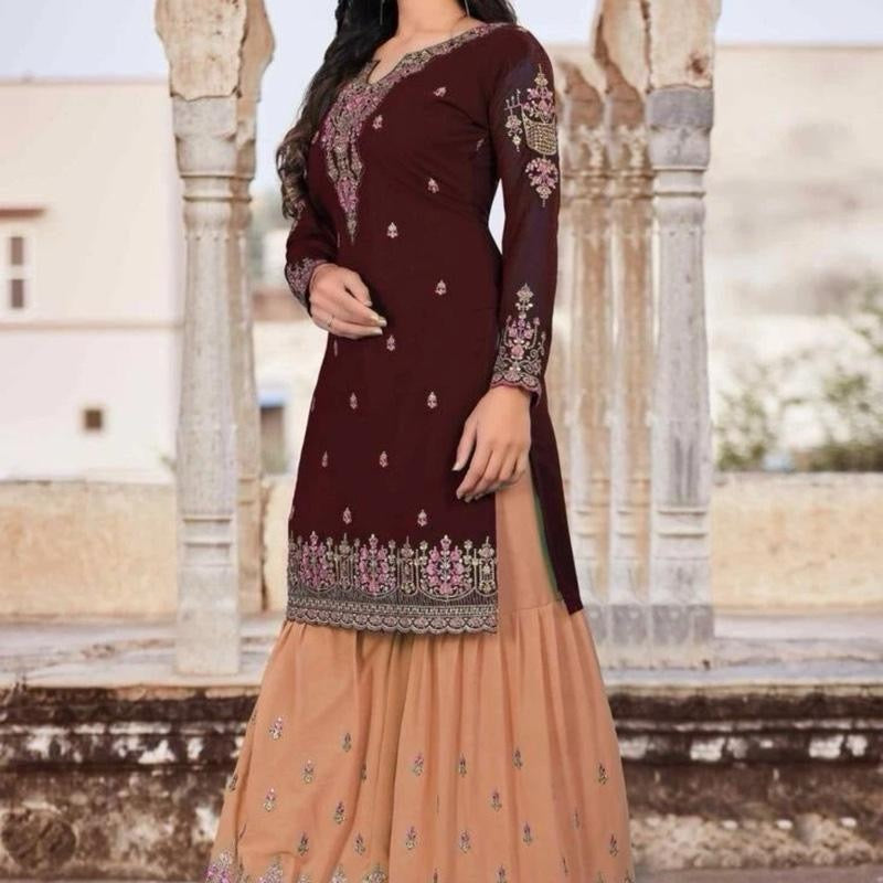INDIAN BROWN FAUX GEORGETTE EMBROIDERY STITCHED L SHARARA SUIT SIZE L