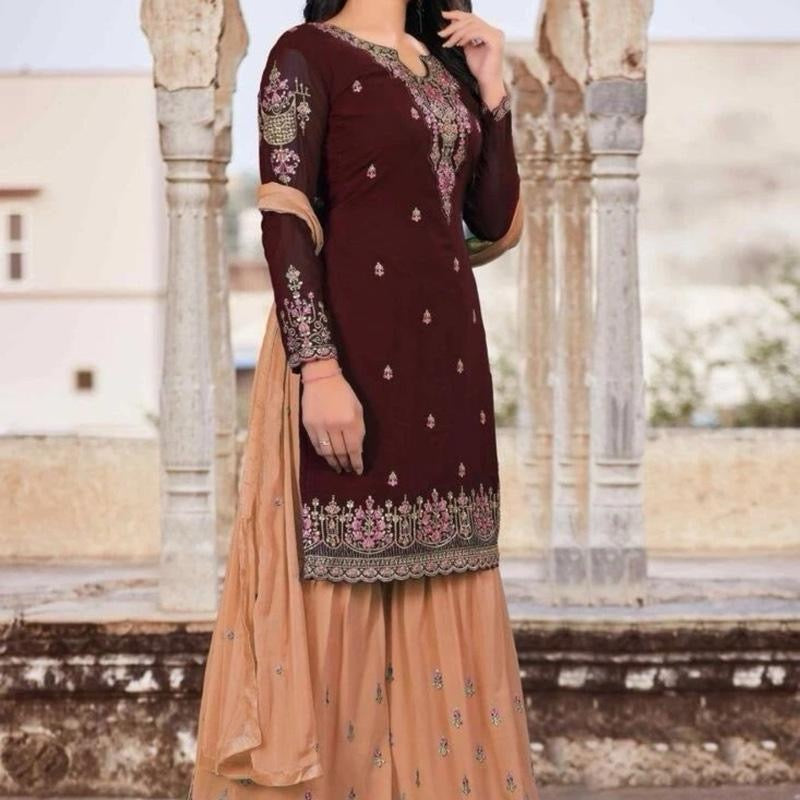 INDIAN BROWN FAUX GEORGETTE EMBROIDERY STITCHED L SHARARA SUIT SIZE L