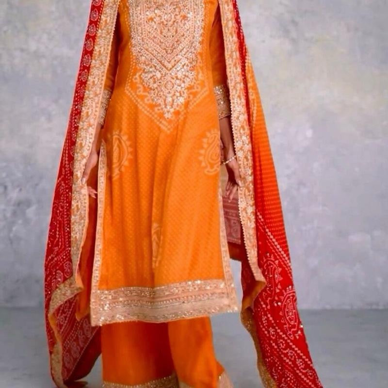 DESIGNER CHINON DIGITAL PRINTED EMBROIDERY WORK TOP PALAZZO WITH DUPATTA Womenswear