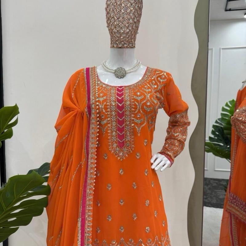 DESIGNER GEORGETTE THREAD SEQUENCE WORK TOP SHARARA WITH DUPATTA ORANGE