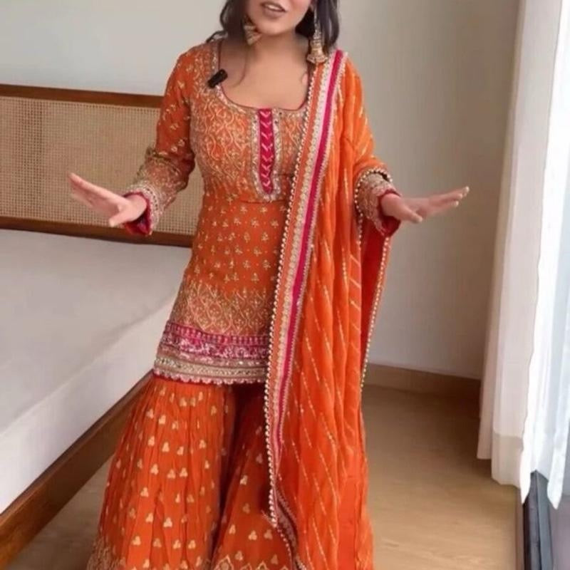 DESIGNER GEORGETTE THREAD SEQUENCE WORK TOP SHARARA WITH DUPATTA ORANGE