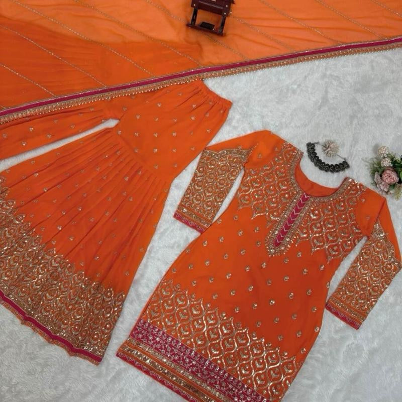 DESIGNER GEORGETTE THREAD SEQUENCE WORK TOP SHARARA WITH DUPATTA ORANGE