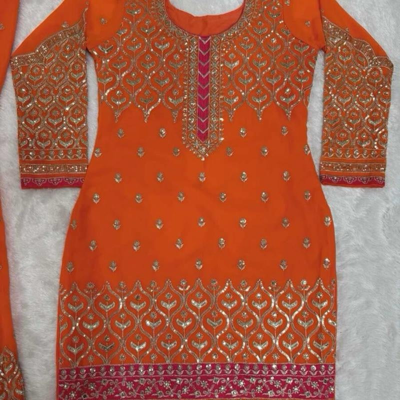 DESIGNER GEORGETTE THREAD SEQUENCE WORK TOP SHARARA WITH DUPATTA ORANGE