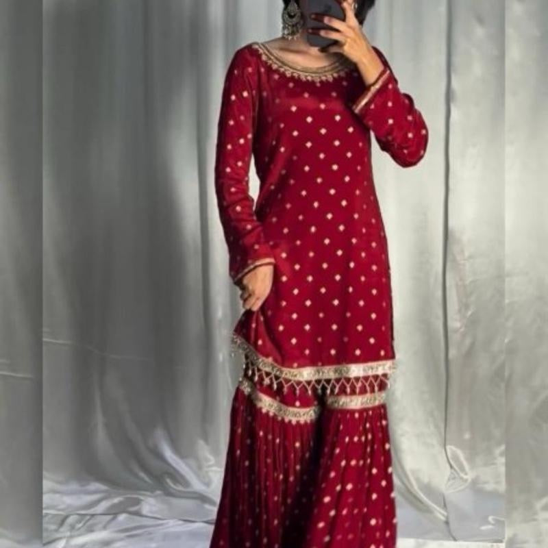 Indian Party Wear Look Fully Stitched Heavy Georgette Sharara Suits in red size XL