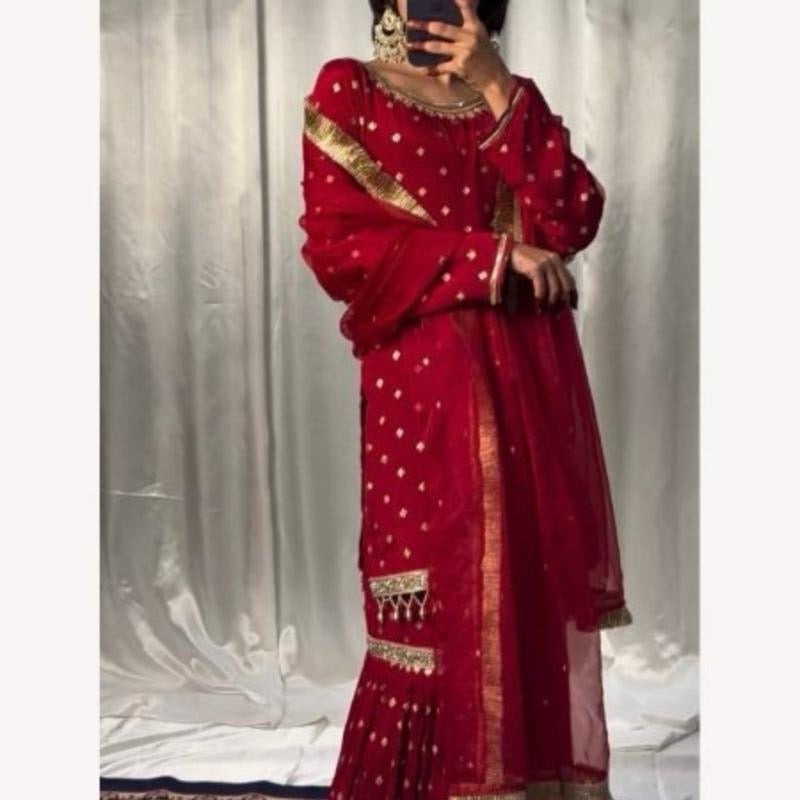Indian Party Wear Look Fully Stitched Heavy Georgette Sharara Suits in red size XL