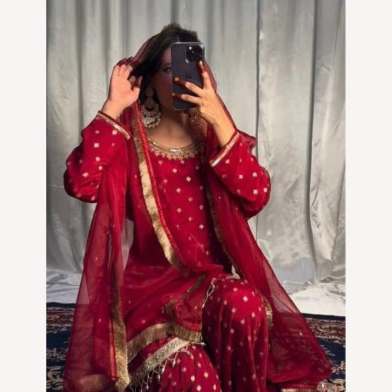 Indian Party Wear Look Fully Stitched Heavy Georgette Sharara Suits in red size XL