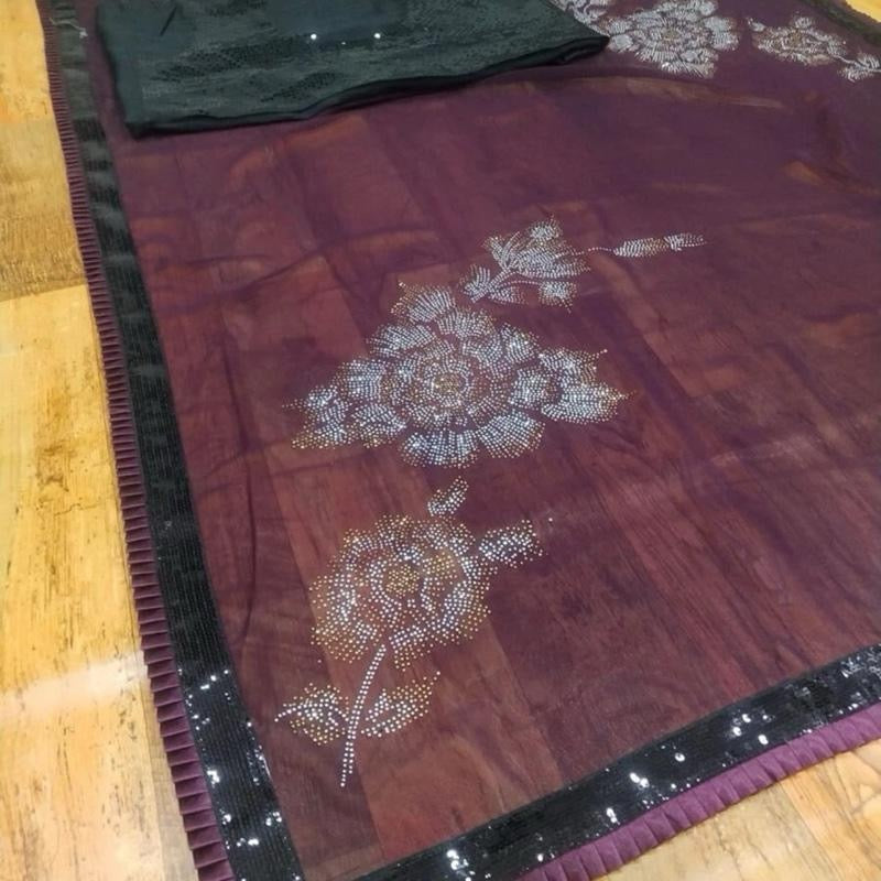 Indian traditional Designer georgette saree with unstitched blouse wine.