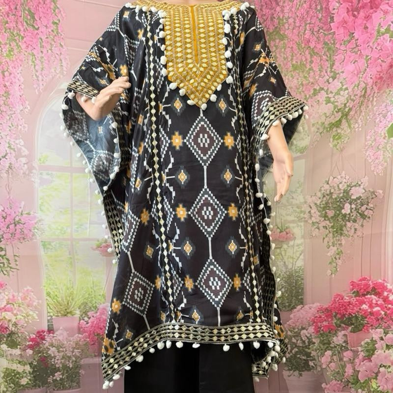 FANCY CHINON SILK EMBROIDERY SEQUENCE DIGITAL PRINT WORK KAFTAN PALAZZO