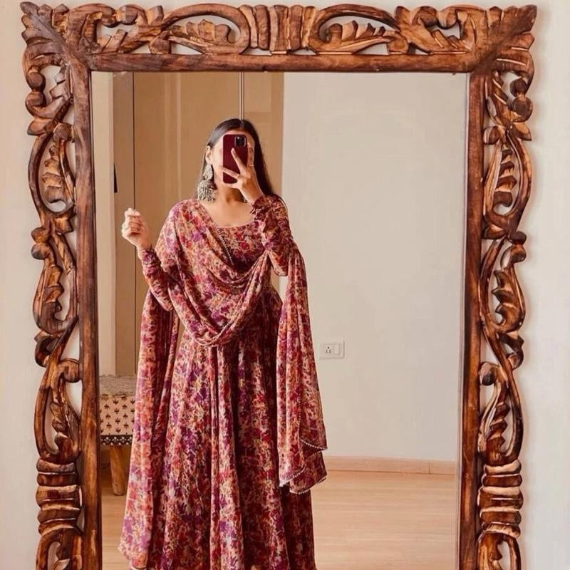 Indian traditional DESIGNER FLORAL GEORGETTE DIGITAL PRINT WORK GOWN WITH DUPATTA Size:L