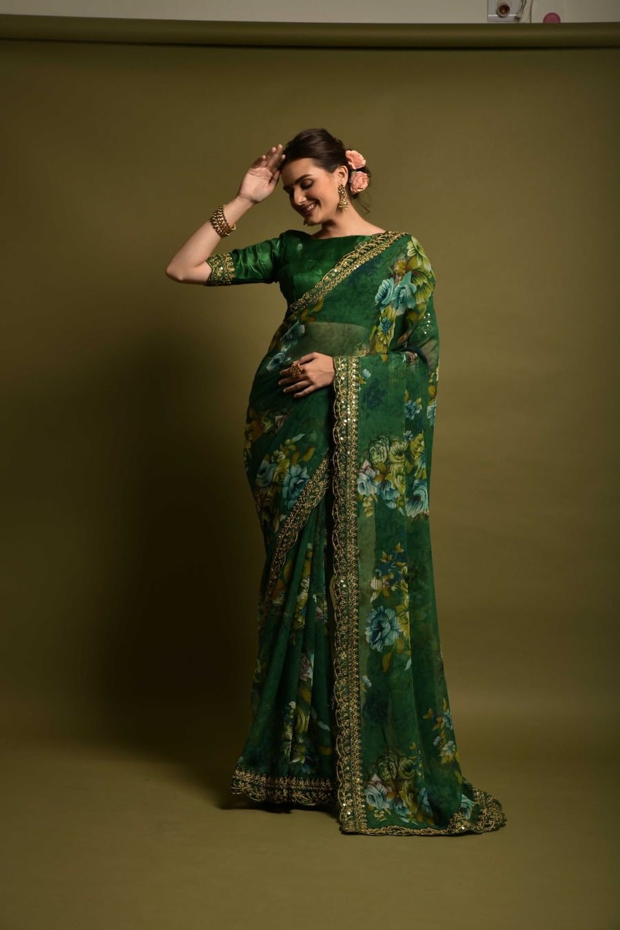 NEW ARRIVAL GEORGETTE FLORAL PRINTED SEQUENCE LACE WORK SAREE WITH UNSTITCHED BLOUSE