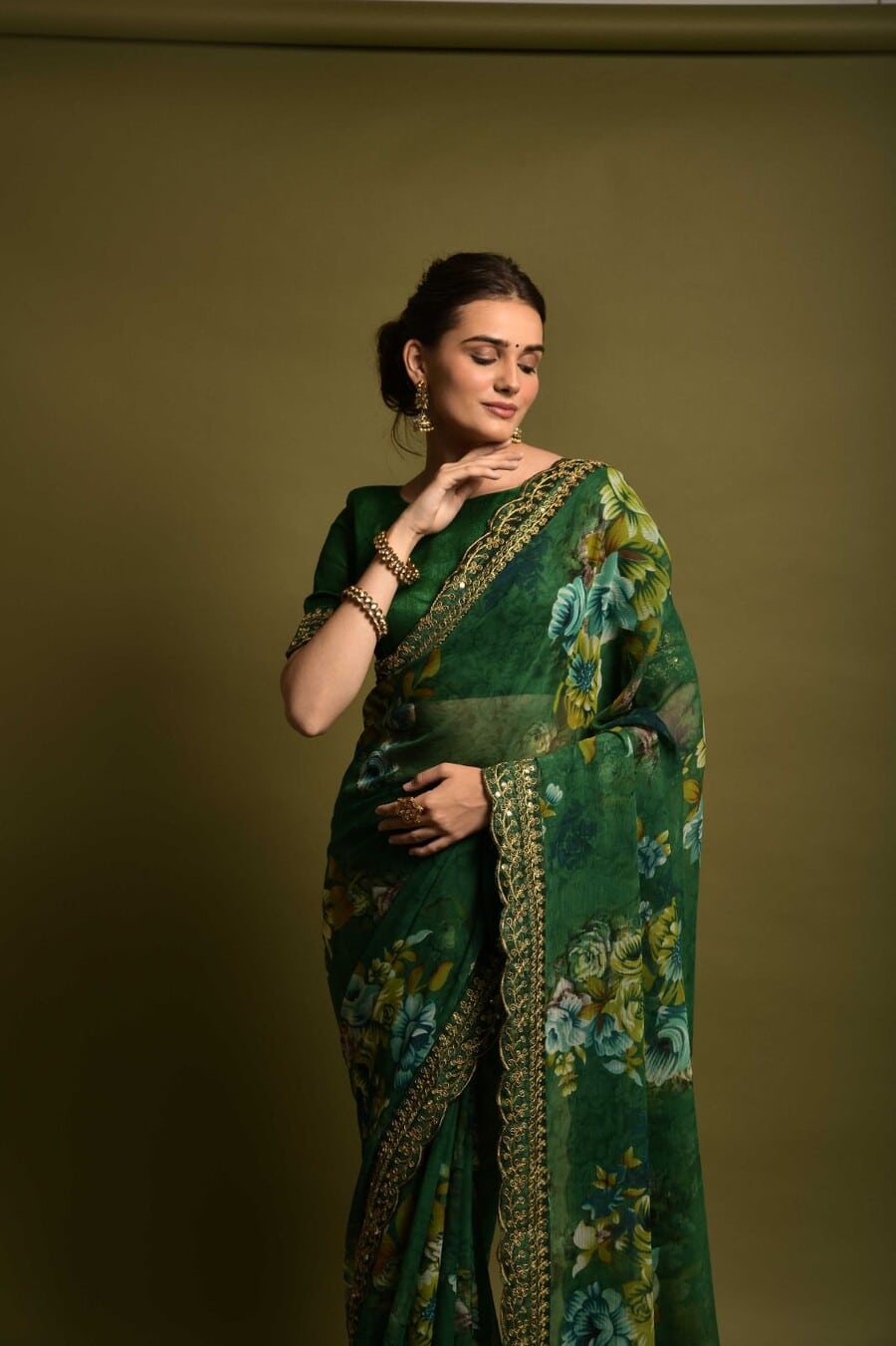 NEW ARRIVAL GEORGETTE FLORAL PRINTED SEQUENCE LACE WORK SAREE WITH UNSTITCHED BLOUSE