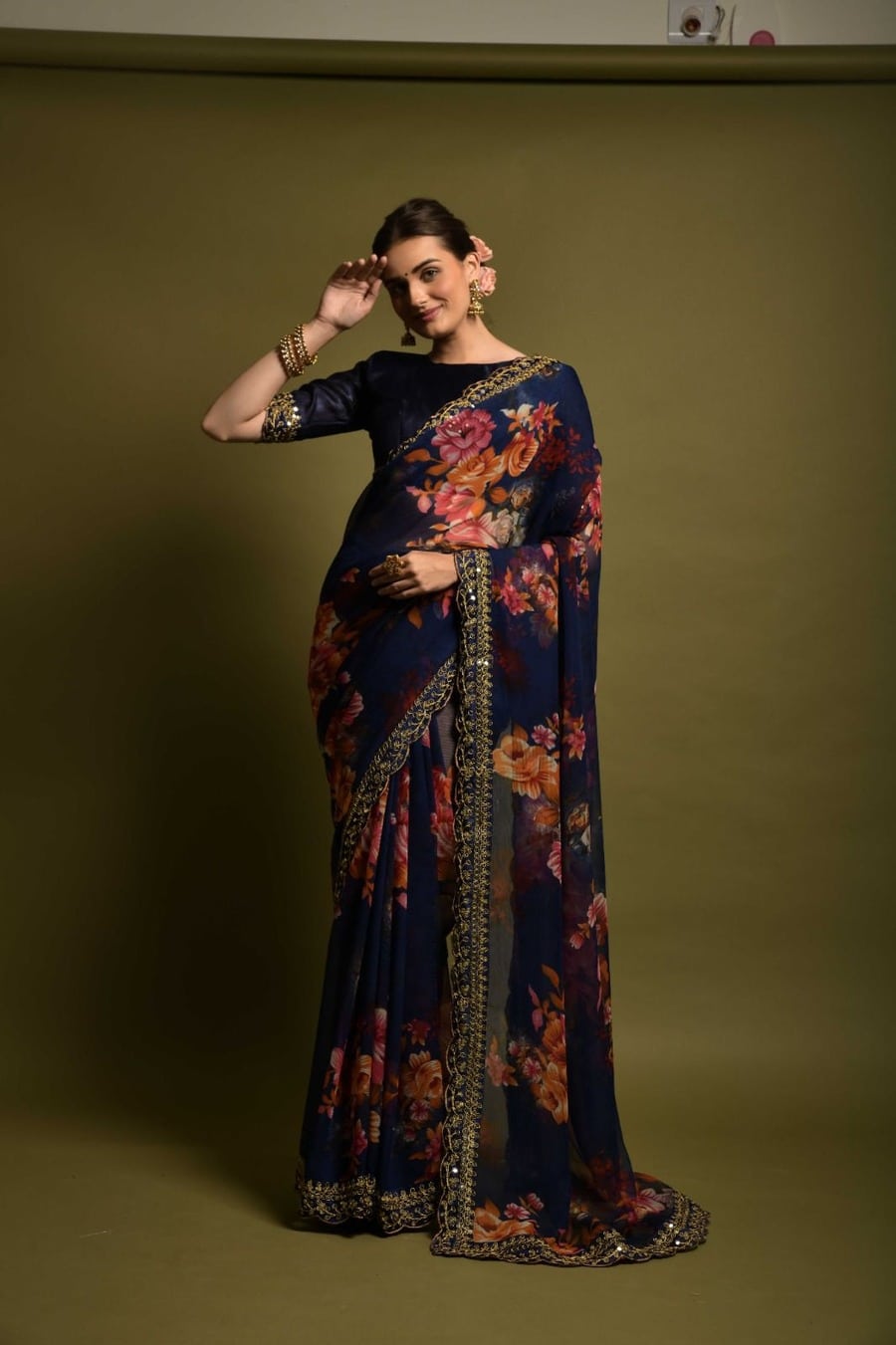 NEW ARRIVAL GEORGETTE FLORAL PRINTED SEQUENCE LACE WORK SAREE WITH UNSTITCHED BLOUSE