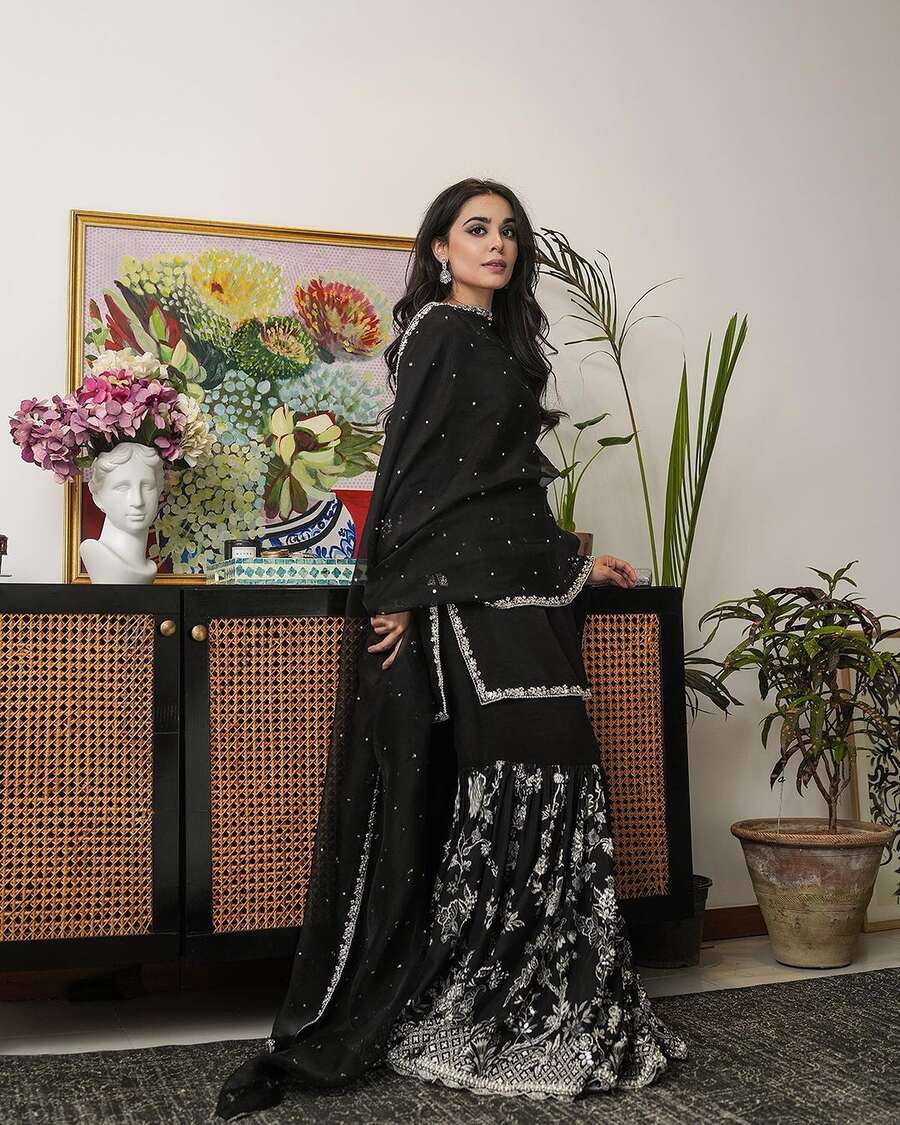 NEW ARRIVAL GEORGETTE EMBROIDERY SEQUENCE WORK TOP SHARARA WITH DUPATTA BLACK