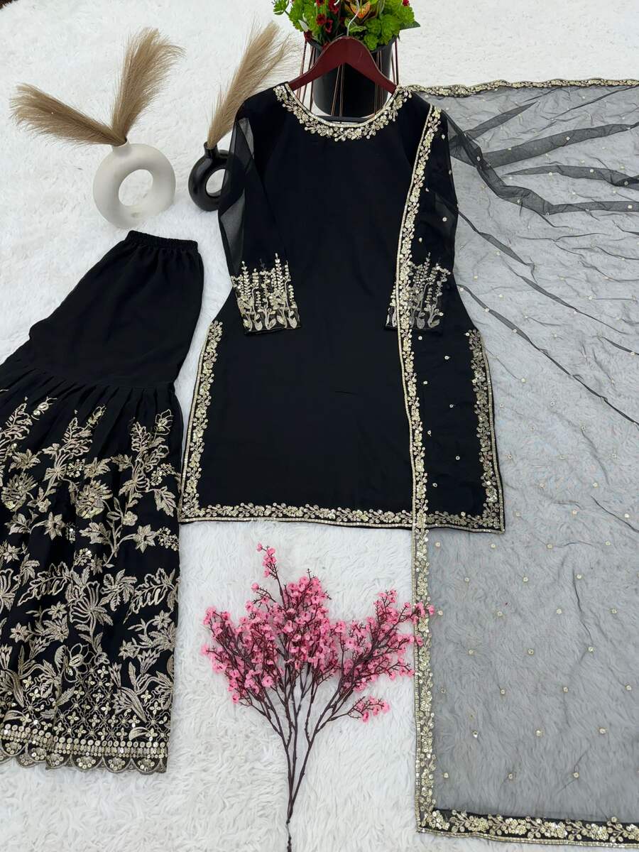 NEW ARRIVAL GEORGETTE EMBROIDERY SEQUENCE WORK TOP SHARARA WITH DUPATTA BLACK