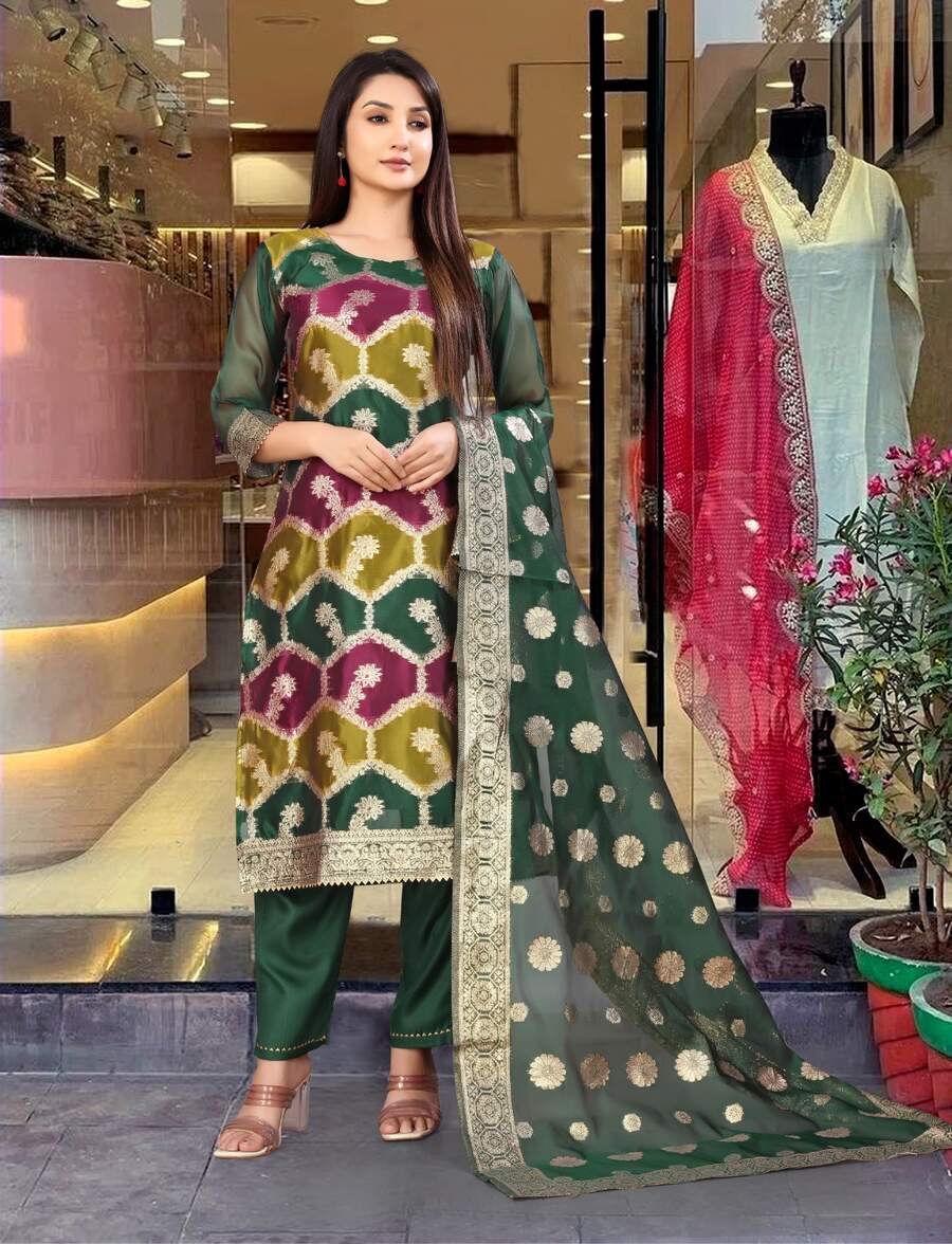 TRADITIONAL SILK BLEND ZARI WORK TOP BOTTOM WITH DUPATTA GREEN