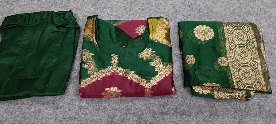 TRADITIONAL SILK BLEND ZARI WORK TOP BOTTOM WITH DUPATTA GREEN