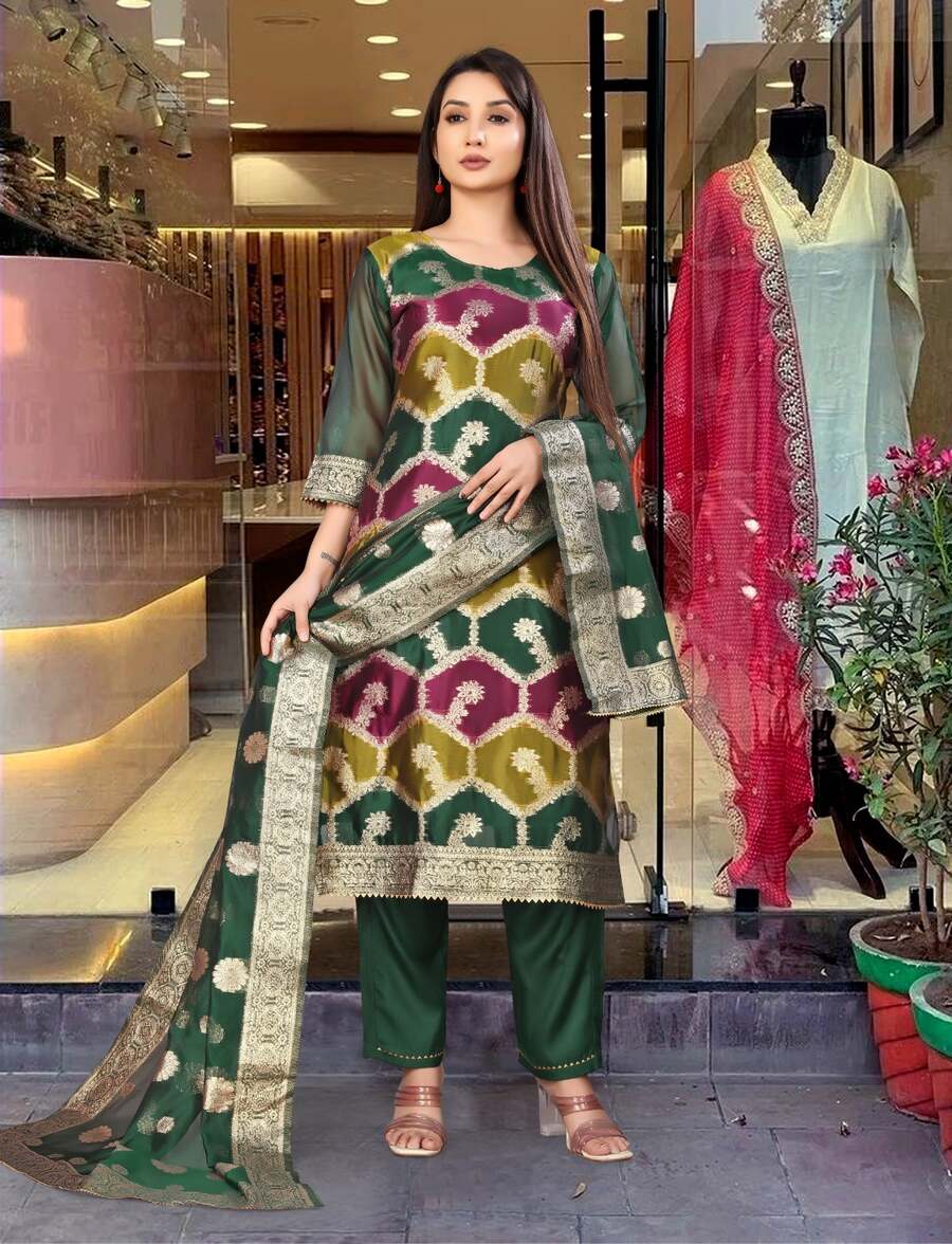 TRADITIONAL SILK BLEND ZARI WORK TOP BOTTOM WITH DUPATTA GREEN