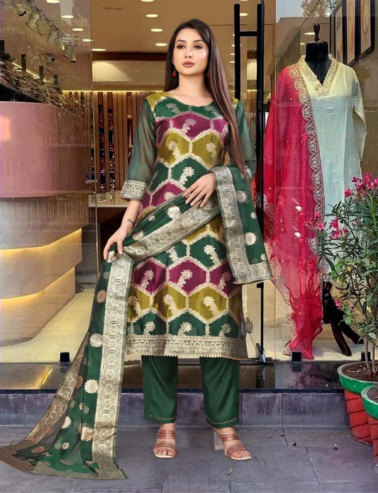 TRADITIONAL SILK BLEND ZARI WORK TOP BOTTOM WITH DUPATTA GREEN