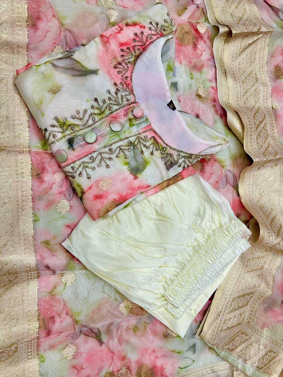 NEW ARRIVAL ORGANZA SILK DIGITAL PRINTED WITH ZARI AND JACQUARD WORK TOP BOTTOM WITH DUPATTA MINT